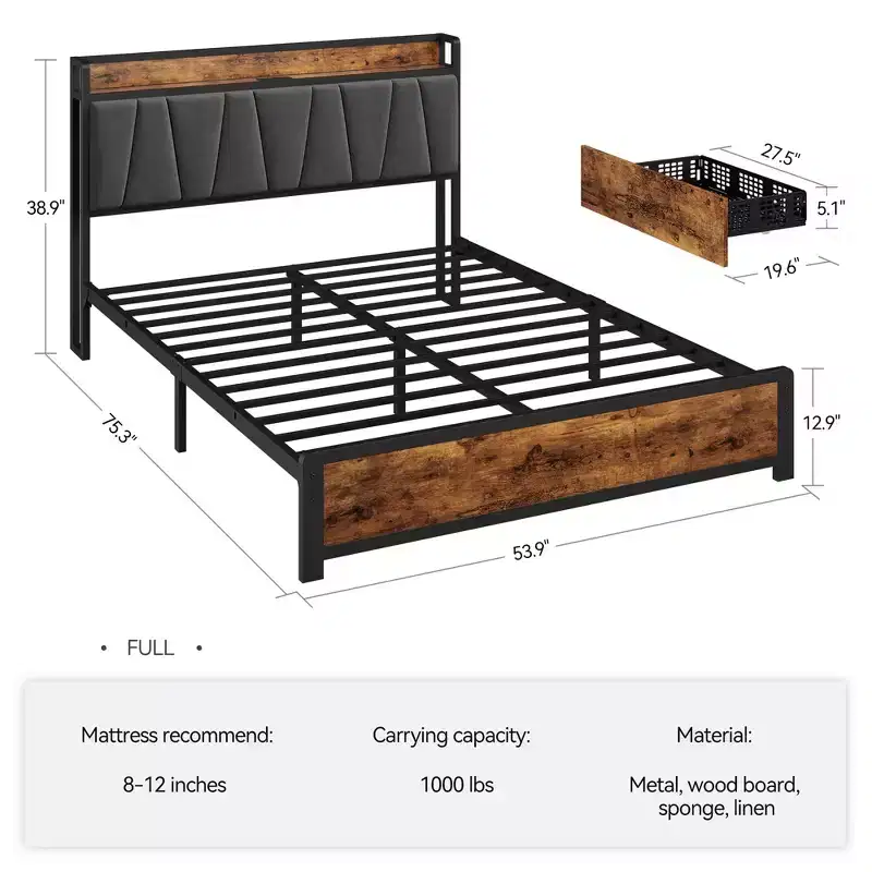 WhizMax Full Queen King Bed Frame with 4 Storage Drawers, Bed Frame with Charging Station, No Box Spring Needed, Easy Assembly, Vintage Brown