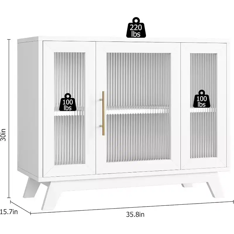 Acekool 35.8 Pure White Sideboard Buffet Cabinet, Fluted Glass Doors, Gold Handle, Adjustable Shelf, Console Table for Kitchen & Living Room