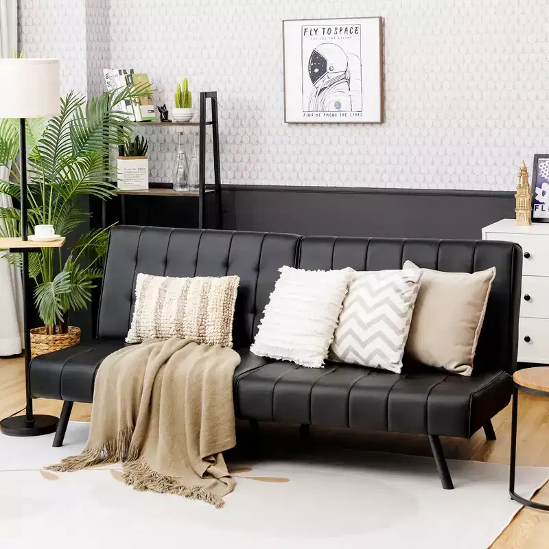 PU Leather Futon Sofa Bed, Convertible Folding Couch Sleeper Lounge, White/Black/Grey