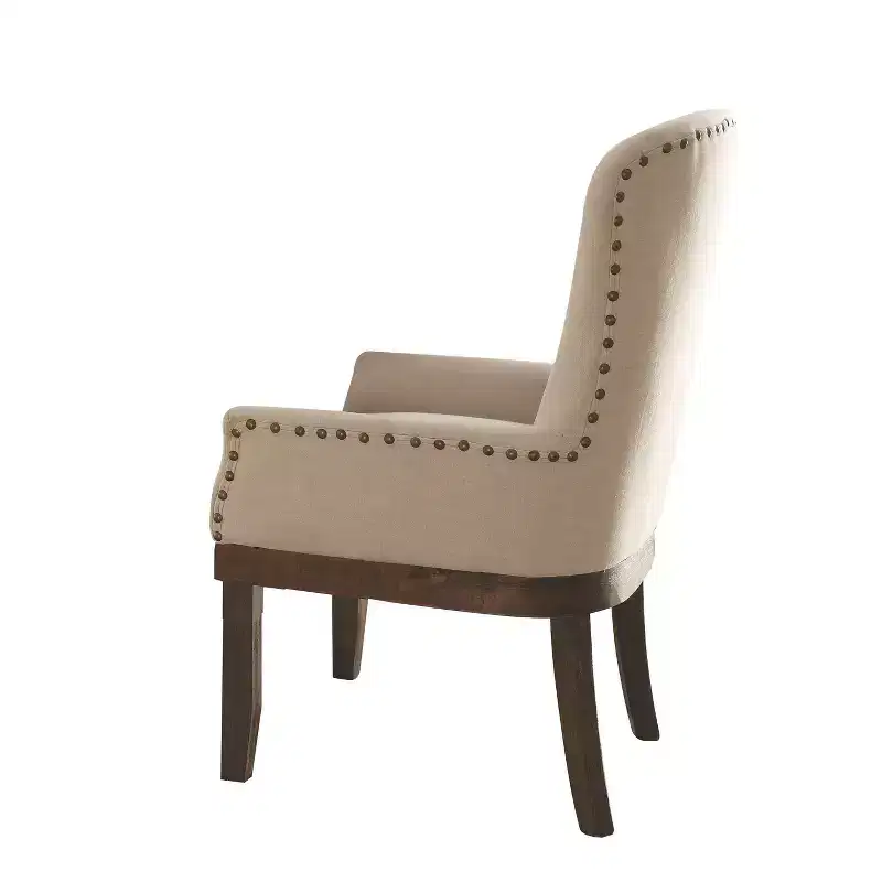Arm Dining Chair Salvage Brown: Linen Upholstery, Nailhead Trim, Wood Frame