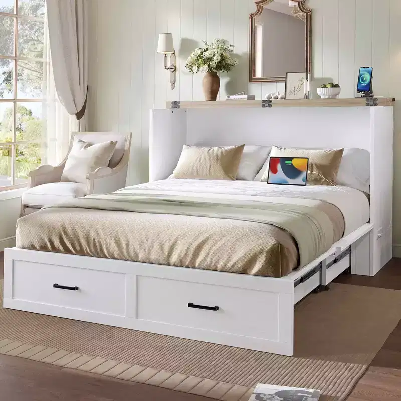 MAYEERTY Queen Size Bed Cabinet with Charging Station Multifunctional Foldable Platform With Storage for Guest Room White