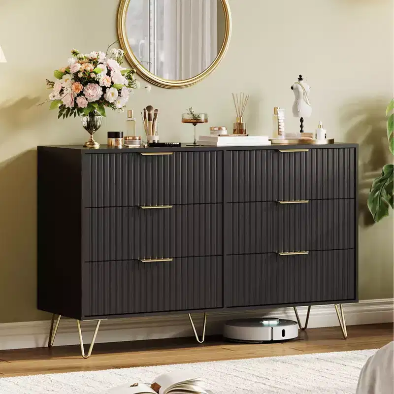 Fluted Dresser for Bedroom with 6 Drawers, Wooden Chest of Drawers, Modern Dressers with Metal Handle for Living Room,Hallway