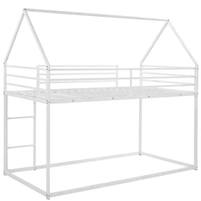 Metal Twin over Twin House-Shaped Bunk Bed with Built-in Ladder