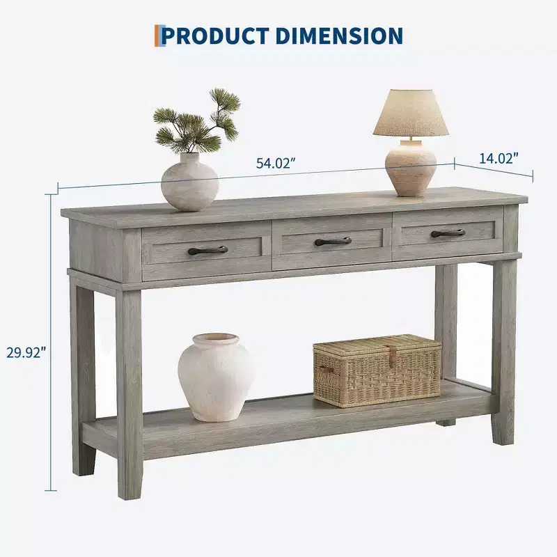 54 Farmhouse Console Table with 3 Drawers & Shelves  Entryway, Sofa, Living Room Storage Table