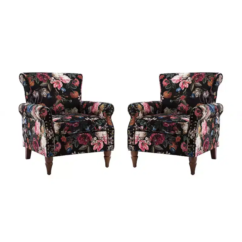 Set of 2 Araceli Traditional Wooden Upholstered Floral Armchair with Wingback and Nailhead Trim| ART OF LIVING DESIGNS
