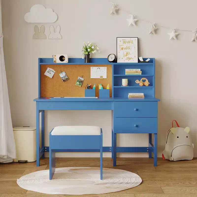Kids Desk and Chair Set, Wooden Study Table with Adjustable Tilt Desktop, Drawers & Cork Board - Children School Learning Desk Set