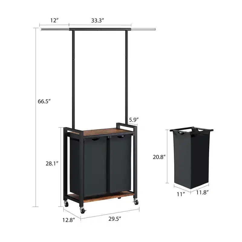 Rolling Laundry Sorter with Hanging Rack and Shelf – 2/3/4 Section