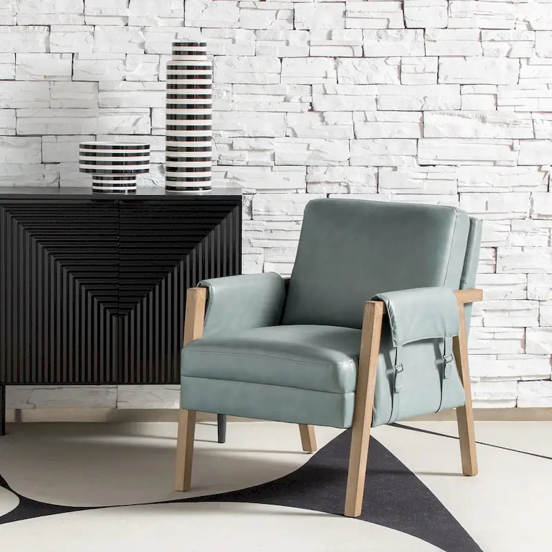 Farmhouse-style faux leather armchair with solid wood legs