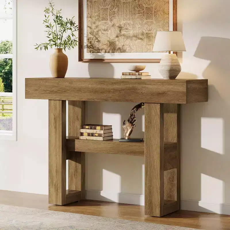 Lantine 41.34 Rustic Console Table with 2-Tier Storage, Narrow Light Brown Sofa Furniture for Foyer, Living Room, Entrance, Hallway.