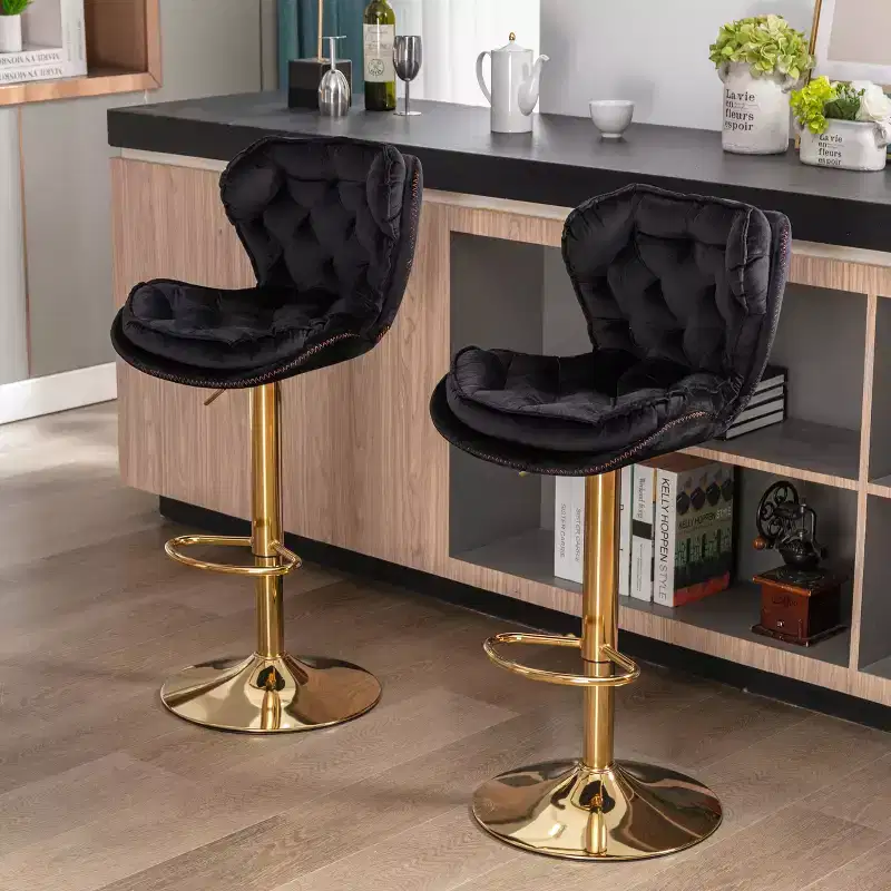 Okak Chic Velvet Bar Stools Counter Height Set of 2, Swivel Barstools with Adjustable Mechanical Lifting, Back Tufted&Chrome Footrest