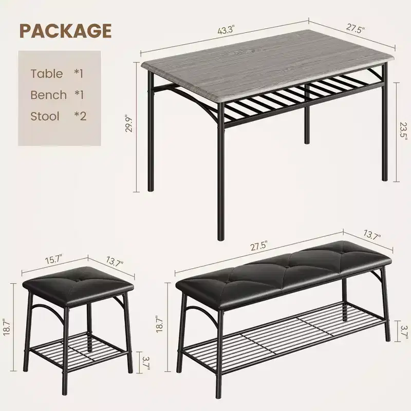 4 Piece Rectangular Kitchen Table Set, with 1 Upholstered Bench and 2 Square Stools