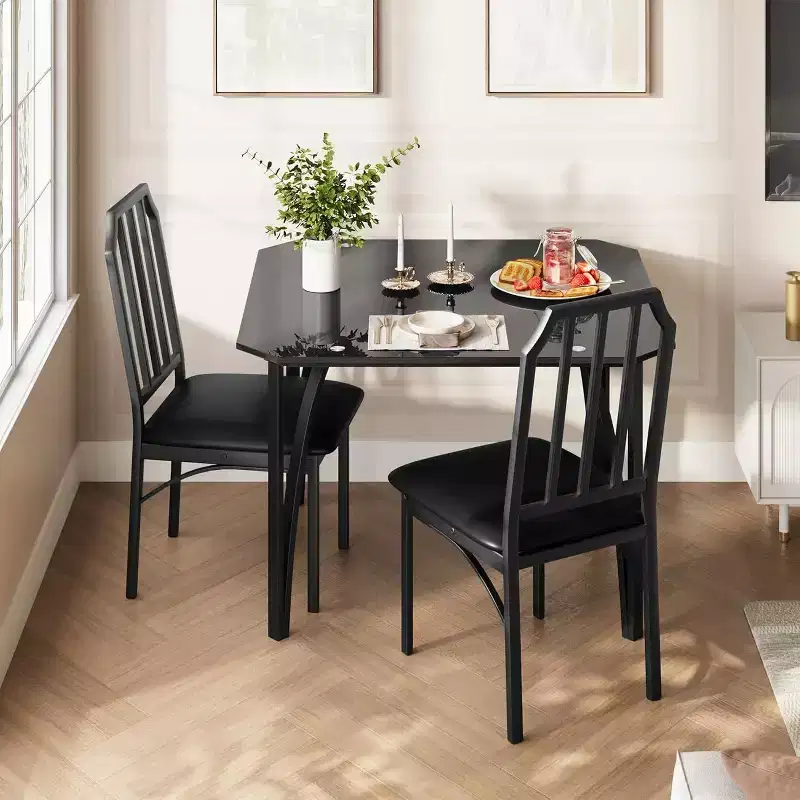 Glass Dining Table Set with Upholstered Chairs, Chamfered Edge Design, Compact Dining Furniture for Small Spaces, Apartments, and Home Kitchens