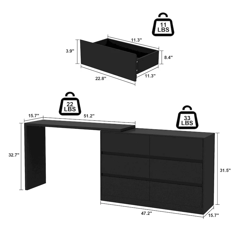 32.7H Rotating Dresser and Desk 6 Drawer Dresser Makeup Vanity White/Black