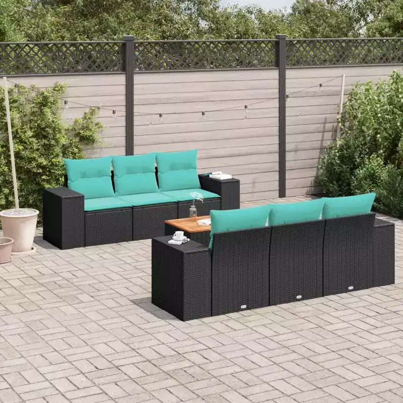 vidaXL 7 Piece Patio Sofa Set with Cushions Black Poly Rattan