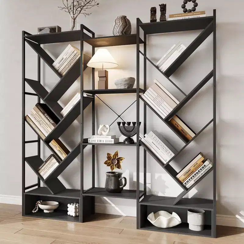 Triple 6 Tier Bookshelf,Large Bookcase Industrial Bookshelf with 24 Open Display Shelves, Metal Frame and Wooden Board for Living Room Home