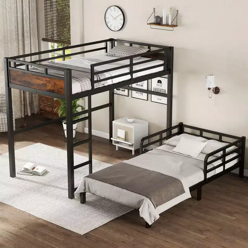 Twin XL over Twin XL Metal Bunk Bed/Metal Loft Bed and Metal Platform Bedswith raised security fenceVintage Wood-colored