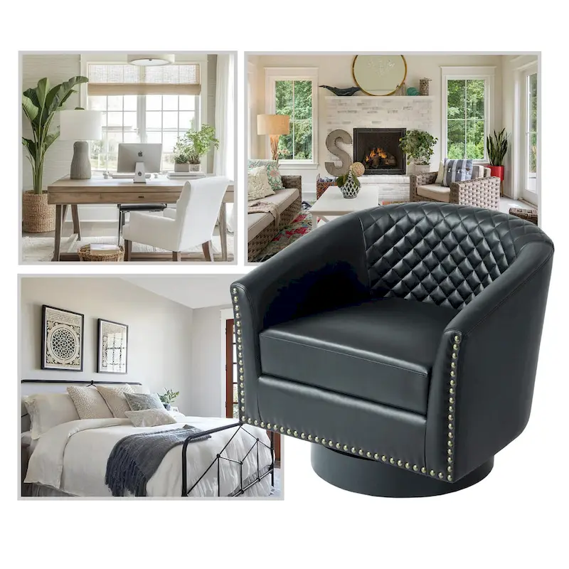 Modern Armchair Faux Leather Nailhead Trim Swivel Accent Chair