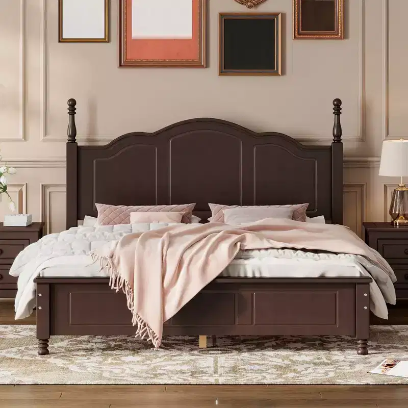 Wood Platform Bed Frame Queen Size Retro Style Platform Bed With Wooden Slat Support Easy Assembly
