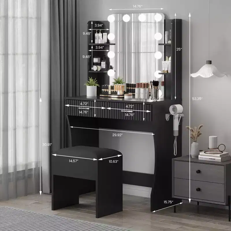 Makeup Vanity Desk with Mirror and 12 LED Lights, Modern Vanity Table with Power Outlet, 2 Drawers, Hair Dryer Holder and Stool, for Bedroom