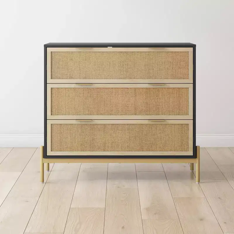 3-Drawer Rattan Dresser with Metal Legs & Safety Interlock, Black/Light Oak