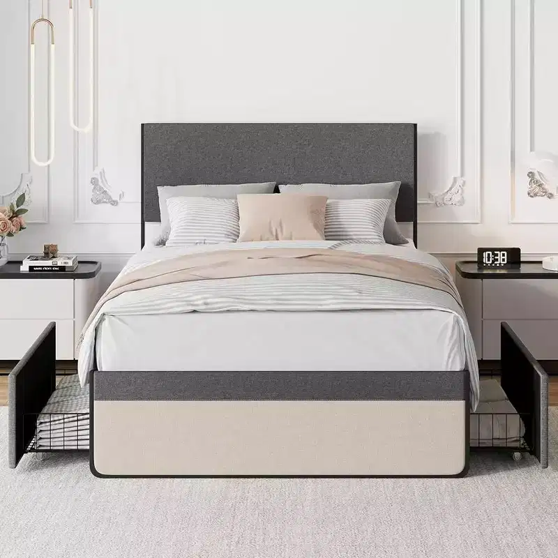 WhizMax Full Size Bed Frame with 2 Storage Drawers, Upholstered Platform Bed with Headboard and Footboard, Mattress Foundation, Steel Slats Support