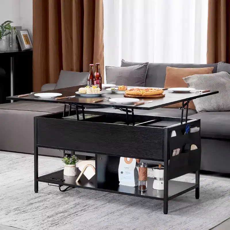 VEVOR Lift Top Coffee Table, 39.4 in Rectangle Coffee Table, Flipable Coffee Table with Power Strip & USB & Ambient Lighting, Black