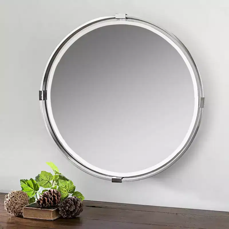 Uttermost Round Vanity Accent Wall Mirror Modern Beveled Brushed Nickel Metal Frame 29 1/2 Wide for Bathroom Bedroom Living Room
