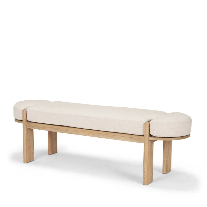 Solid Elm Wood Bench with Light Brown Stain & Oatmeal Upholstered Cushion