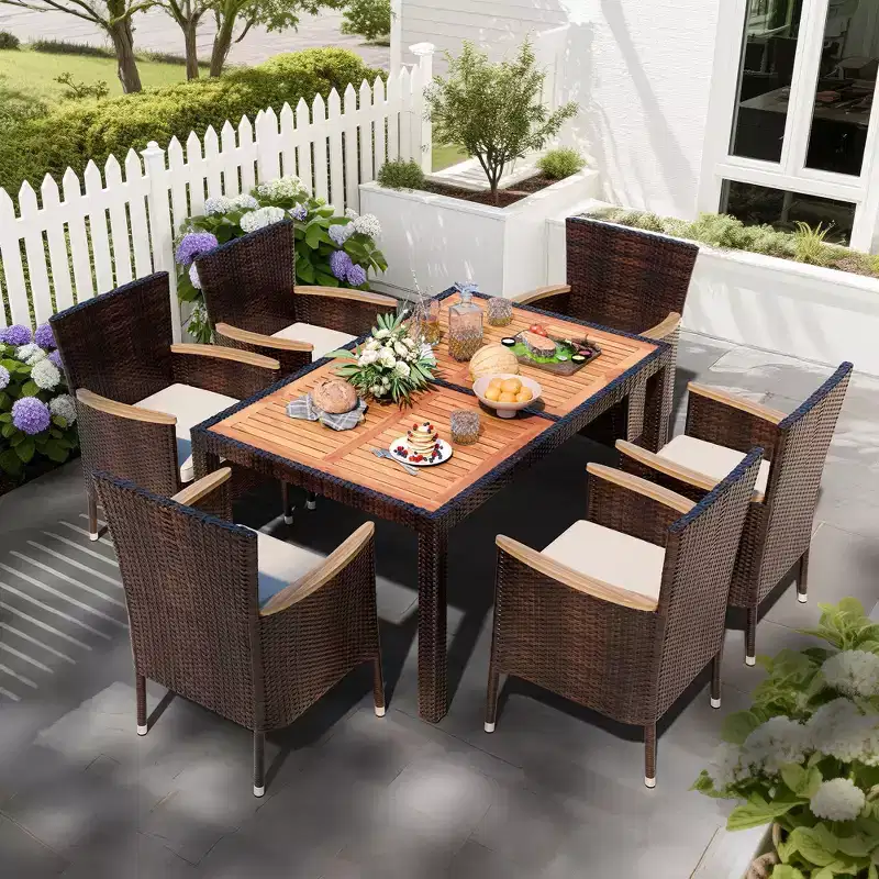 Celebalcony 7 Piece Patio Dining Set,Wicker Patio Conversation Set with Wooden Table Top,Outdoor Table and Chairs for Backyard and Garden