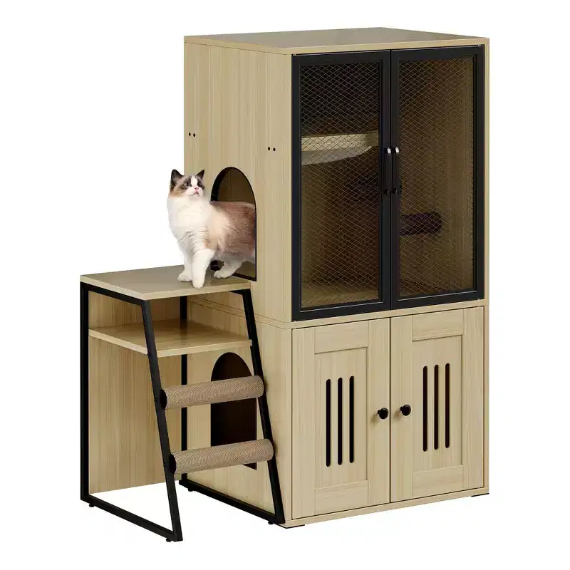 GustoWave Cat Litter Box Enclosure Furniture, 2 in 1 Hidden Double Cabinet Enclosed Litter Box with Ladder Wooden Cat Furniture