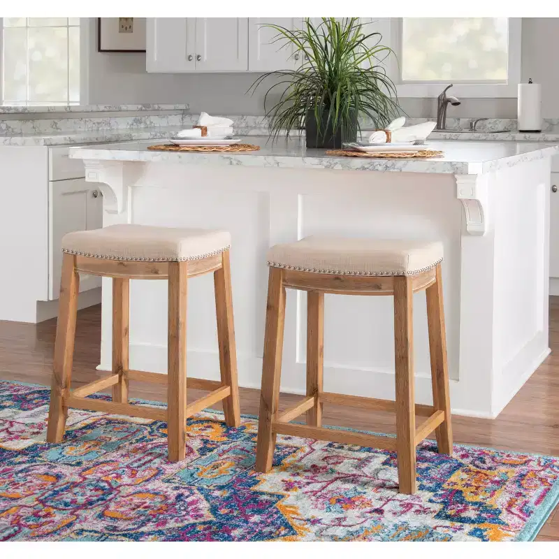 Counter Height Barstool Rustic Brown Natural Linen Upholstered Backless