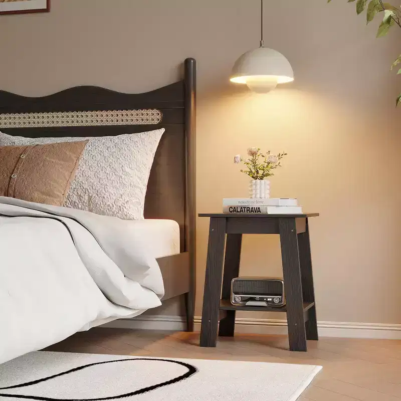 End Table, Narrow Side Table with 2 Tier Storage Shelf, Small Space Side Table for Farmhouse Bedroom, Studio Apartment, Entryway