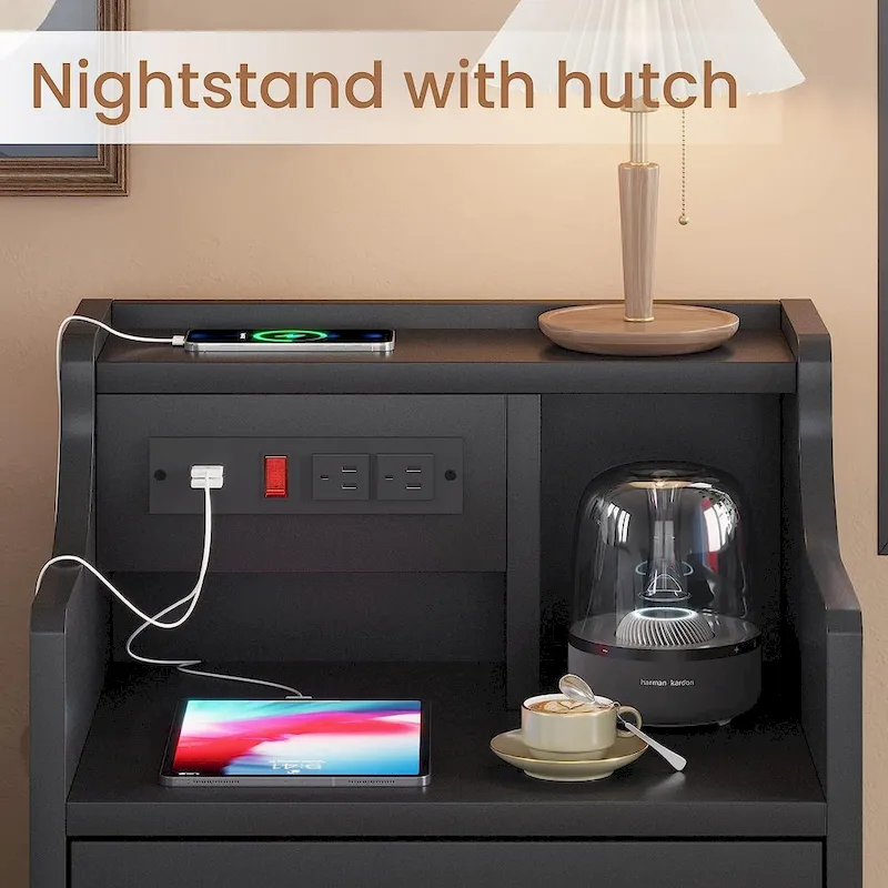 Nightstand End Table with Hutch 3 Storage Drawers Charging Station