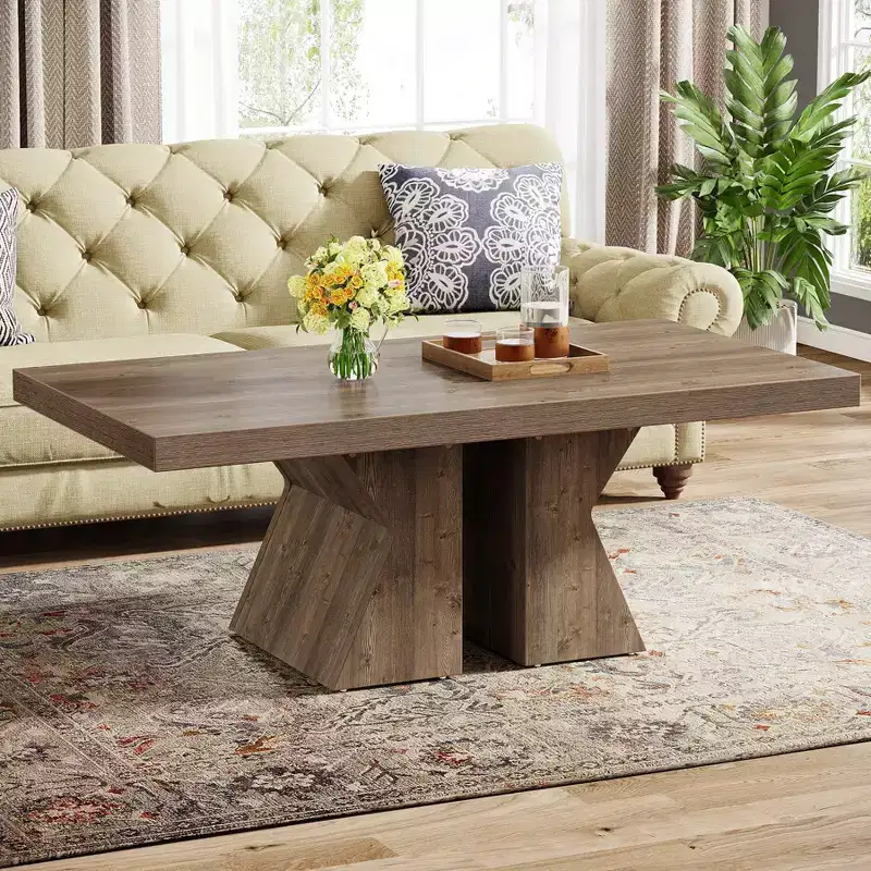 Lantine Wood Coffee Table, 47.24-Inch Rectangular Center Table with Thick Wooden Base, Farmhouse Wood-Look Cocktail Table for Living Room
