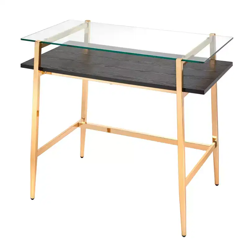 Mid-Century Glass Desk Bright Gold Metal Frame with Open Storage Shelf