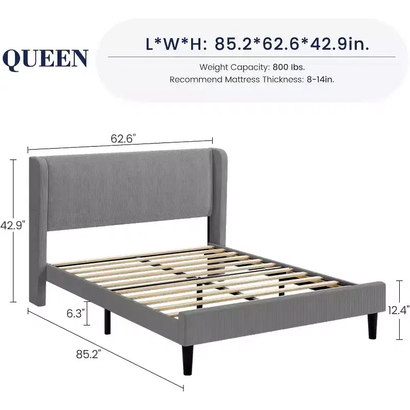 Upholstered King Bed Frame, Velvet Platform Bed with Wingback Headboard, Wood Slats Support, No Box Spring Needed, Light Grey
