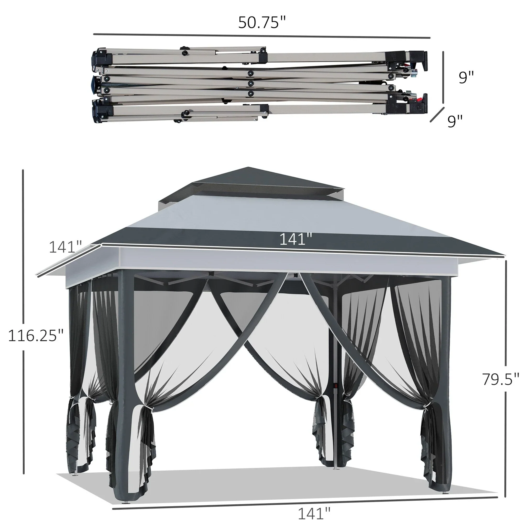 Outsunny 12 x 12 Pop Up Canopy Sun Shade Instant Tent Folding with Mesh Sidewall Netting, 3-Level Adjustable Height