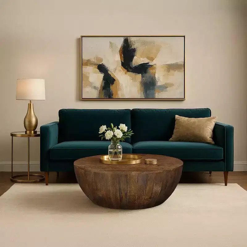 Walnut Brown Mango Wood Round Drum Coffee Table for 1