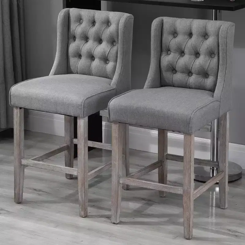 26.25 Counter Height Bar Stools, Tufted Wingback Armless Upholstered Dining Chair with Rubber Wood Legs, Set of 2