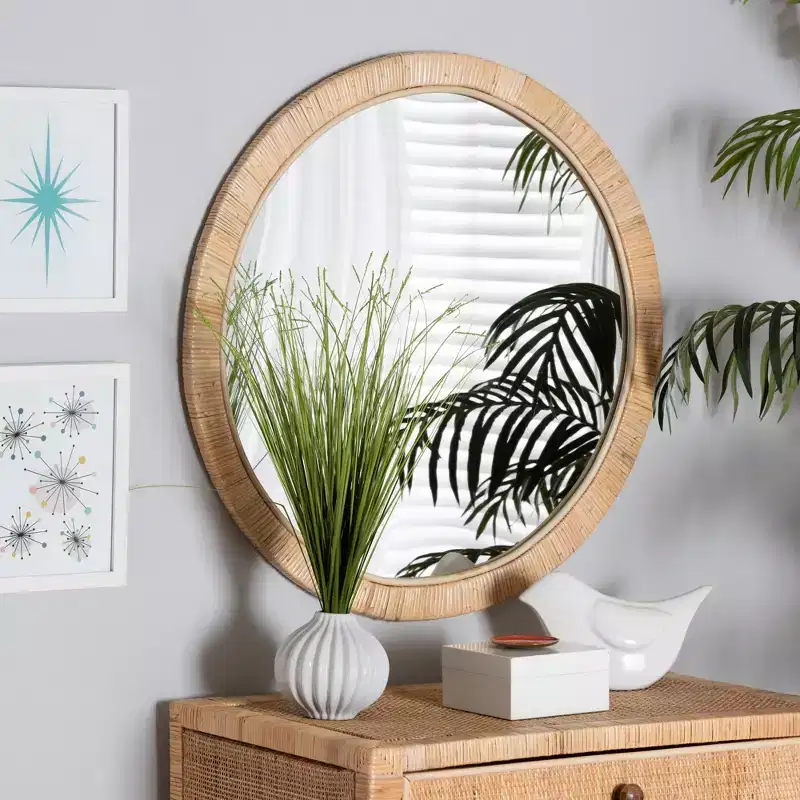 Modern Bohemian Round Wall Mirror, Natural Brown Mahogany Wood & Natural Rattan