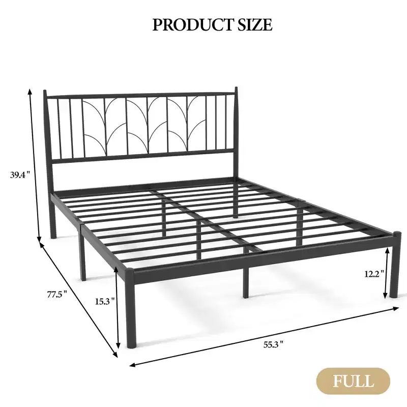 Full-size bed frame, vintage-style bed board, platform bed frame with mattress base, metal frame, steel bar support, no spring box required, gold.