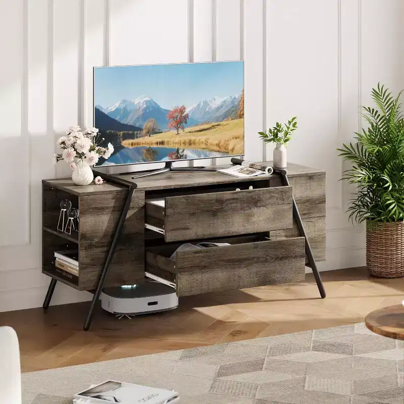 47 in TV Stand for 50-65 in TVs, Entertainment Center with 2 Drawers, Adjustable Shelves & U-Shaped Metal Legs, Modern Wooden TV Console