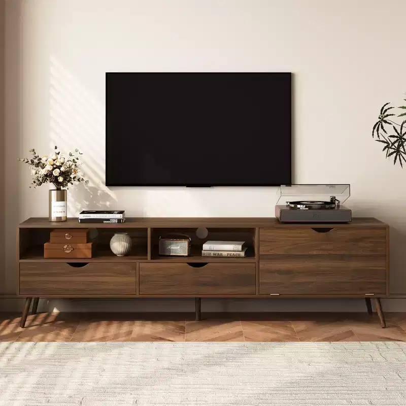 Vintage TV Stand with Drawers for 80 TV, Media Console Table with Storage, TV Storage Cabinet with Drop-down Door, Natural