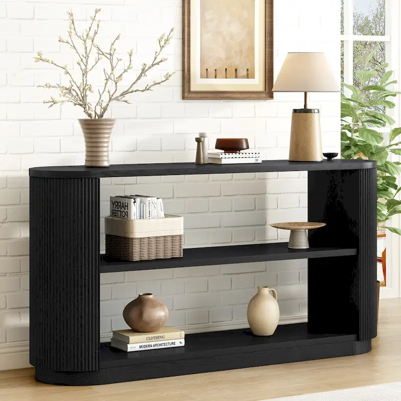 Console Table with Open Shelves and Fluted Wood Veneer
