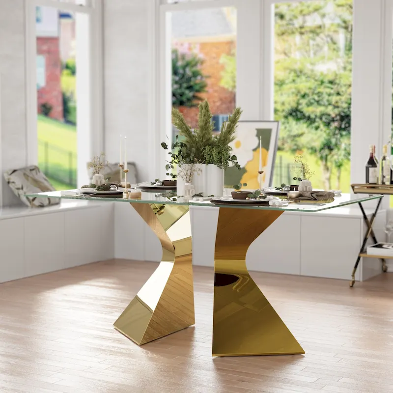 63 inch Glass Dining Table Modern Dining Room Table for 4-6 with Rectangle Tempered Glass Top and Metal Legs