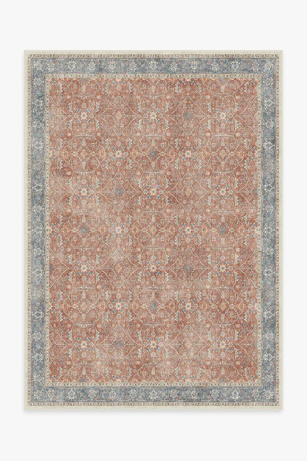 Vintage Bohemian Flatwoven Rug with Coral Blue Floral Vine Distressed Texture for Living Room & Bedroom