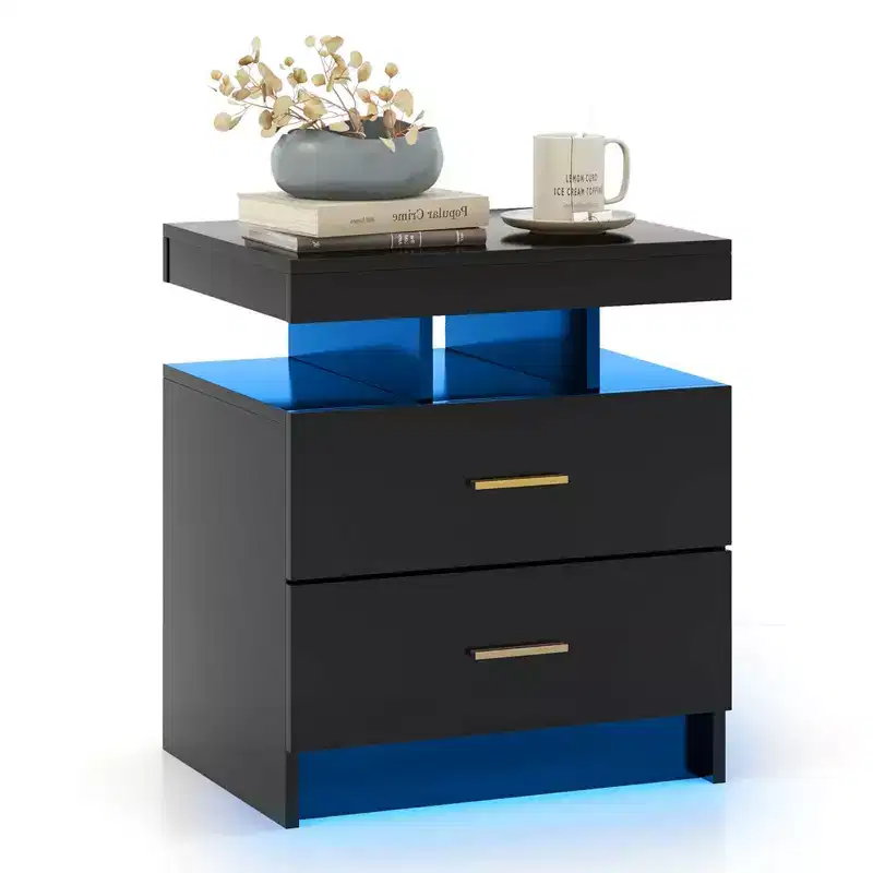 Costway LED Nightstand Set of 1/2 with 2 Storage Drawers Adjustable Light Mode Remote Control