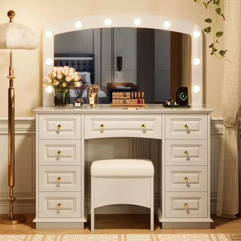 Whisen Classic Dressing Table Vanity, Makeup Vanity Desk with Mirror, Cushioned Stool and 9 Storage Drawers - White