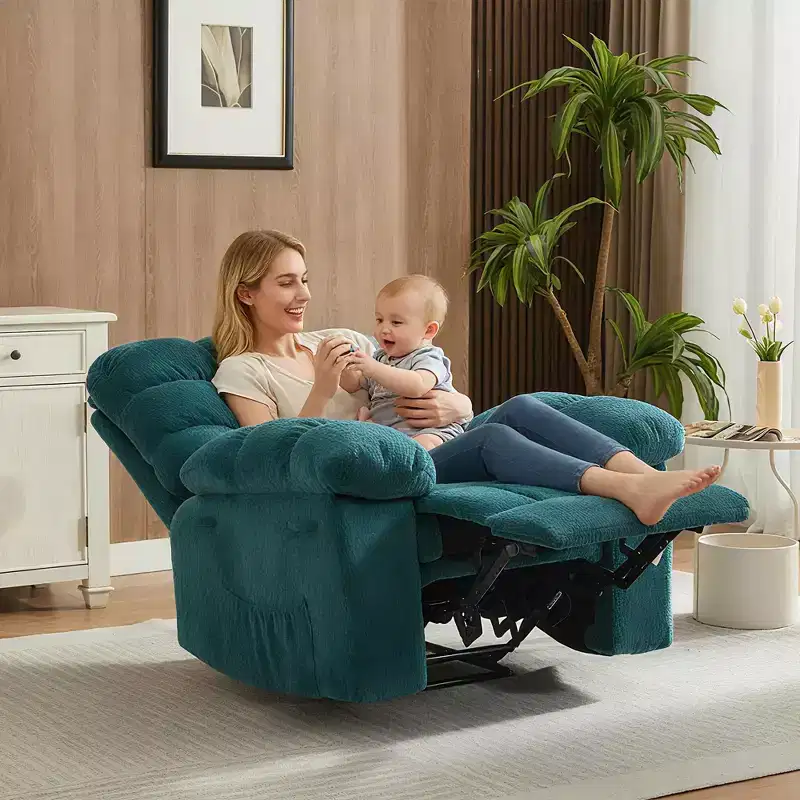 360 Swivel Rocking Recliner Chair w/ Side Pockets, Comfy Upholstered Fabric Glider Nursery Sofa, Steel Frame Lounge for Living Room & Small Space