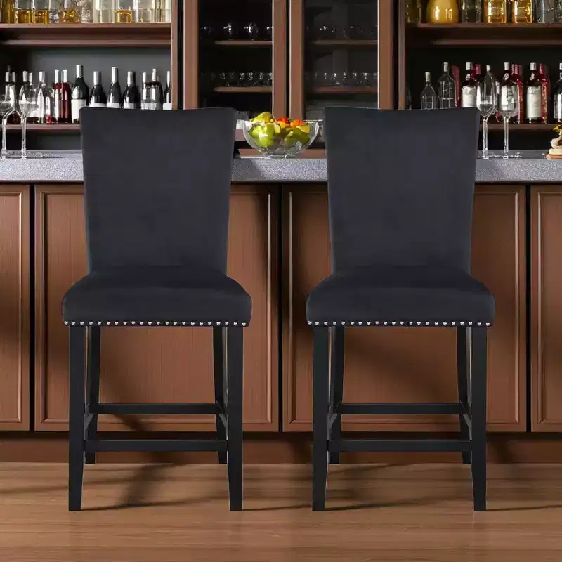 HomeRoots Set of Two 25 Black Wood and Velvet Counter Height Bar Chairs